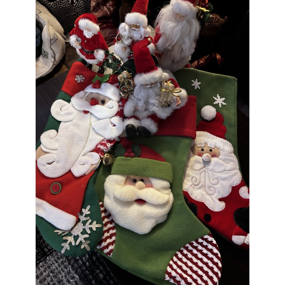 4 Vintage Santa's And 3 Santa Stockings‎